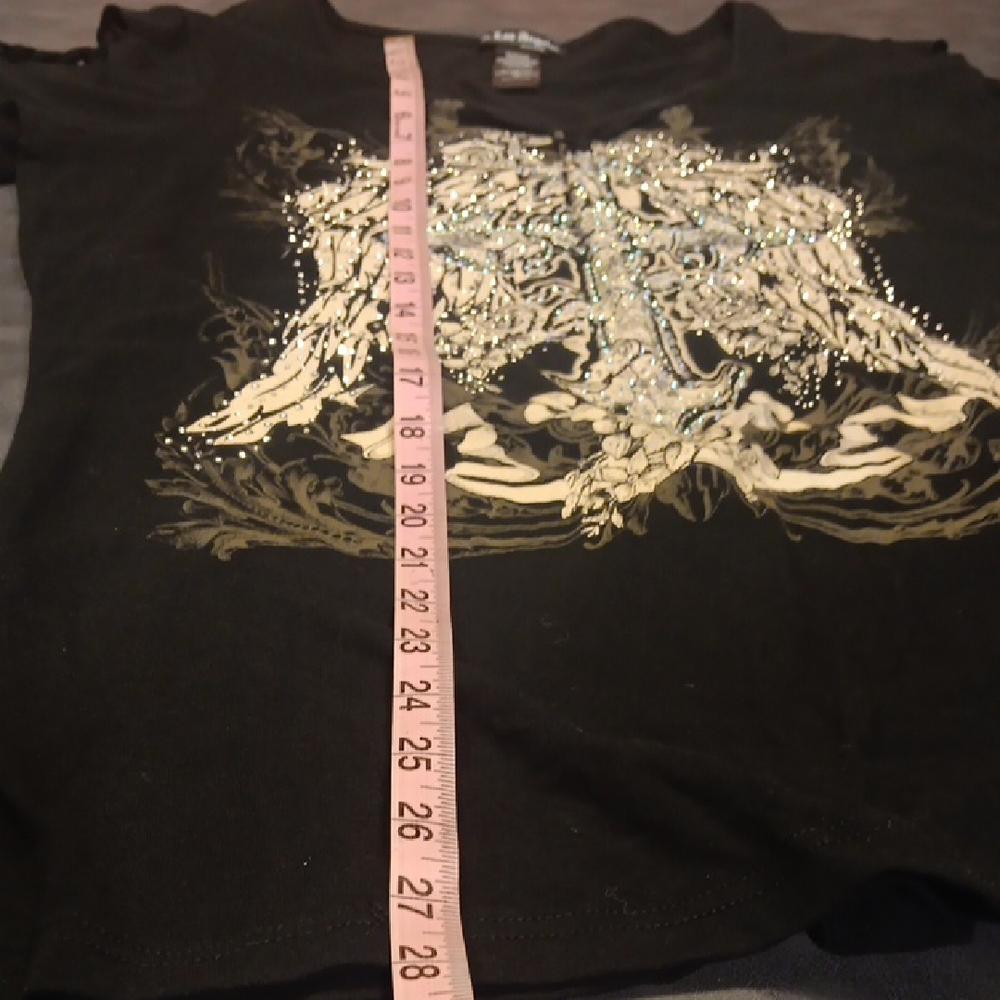 NWT. Platinum Plush 2 Sided Black Graphic Tee With Rhinestone W/ Lace-Up Detail - Picture 9 of 11